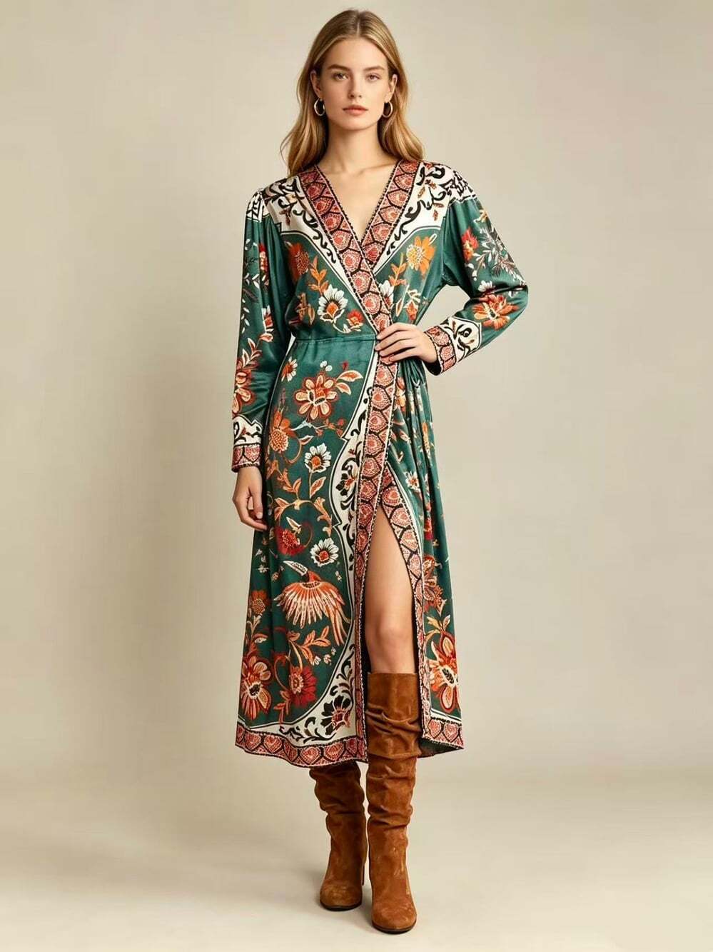 NWOT Farm Rio Satin Green long-Sleeve Floral Print Wrap Midi Dress Size S